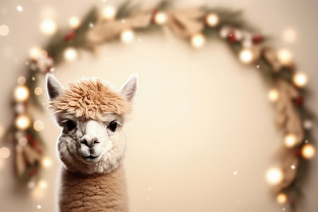 Christmas Alpaca with festive ornaments and wreath background with empty space for textの素材
