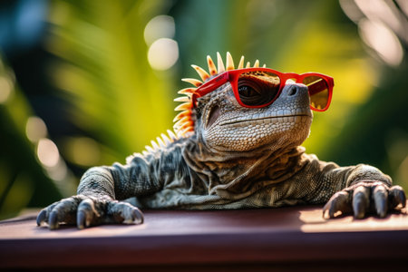 Christmas Iguana lounging on a tropical beach holiday branch isolated on a white backgroundの素材