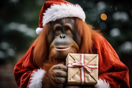 Christmas Orangutan in Santa suit holding gift isolated on a gradient backgroundの素材