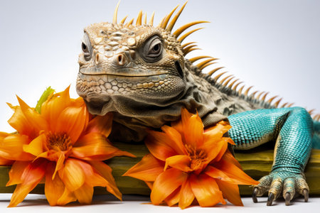 Christmas Iguana lounging on a tropical beach holiday branch isolated on a white backgroundの素材