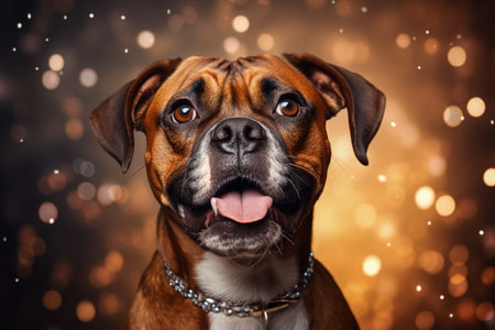 Boxer dog in sequin hat celebrating New Year isolated on a gradient backgroundの素材