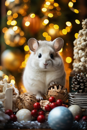 Chinchilla in snowman costume amidst holiday ornaments encapsulating Christmas warmthの素材