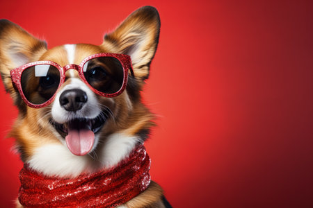 New Years Corgi dog with sequin scarf and festive sunglasses background with empty space for textの素材