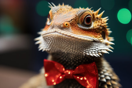 New Years Bearded Dragon lizard sporting a festive holiday bow tieの素材