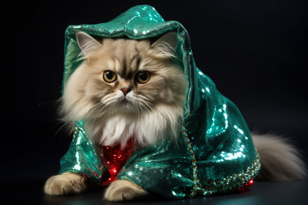 Persian cat in sparkling elf costume with jingle bell shoes isolated on a white backgroundの素材