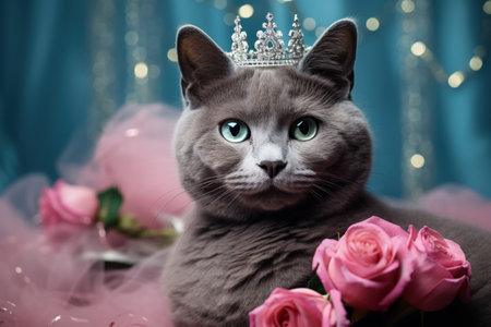Russian Blue cat adorned with sparkling 2023 tiara for New Years celebrationの素材
