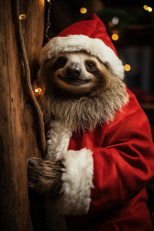Portrait of cute sloth wearing Santa Claus costume at christmas timeの素材