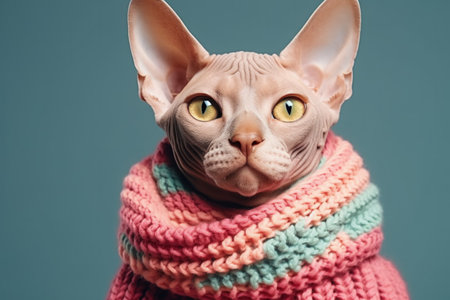 New Years Sphynx cat in Christmas tree hat and holiday collar isolated on a gradient backgroundの素材