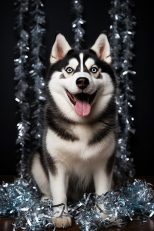 New Years Siberian Husky wrapped in sparkling holiday tinsel isolated on a white backgroundの素材