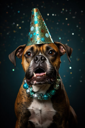 New Years Boxer dog in sequin hat blowing party horn background with empty space for textの素材