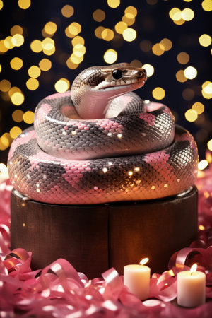 Ball Python snake with yule log and fairy lights isolated on a gradient Christmas backgroundの素材