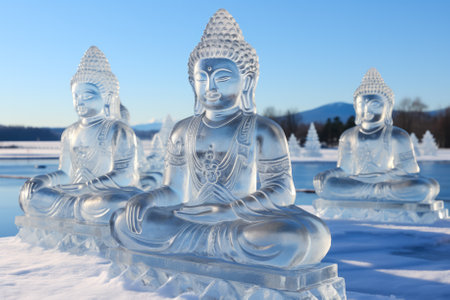 Ice statues creating a mesmerizing harmony with the serene snowy backdropの素材
