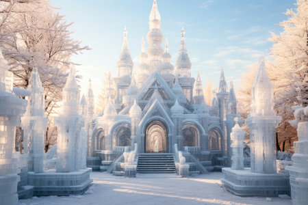 Frost-covered ice sculptures standing majestically in a winter wonderland settingの素材
