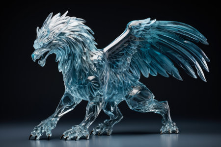 Dramatic ice griffin statue poised for flight isolated on a gradient backgroundの素材