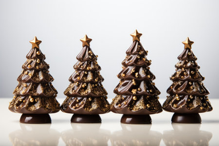 Artfully crafted chocolate Christmas trees with edible glitter isolated on a white backgroundの素材