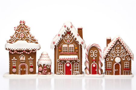 Stunning detailed chocolate gingerbread houses with candy adornments isolated on a white backgroundの素材