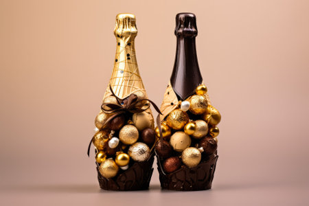 Delicious chocolate New Years champagne bottles with festive edible decorations isolated on a gradient backgroundの素材
