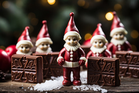 Artisan chocolate elves with candy cane accessories Christmas setting background with empty space for textの素材