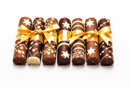 Cripsy chocolate Christmas crackers filled with sweet surprises isolated on a white backgroundの素材