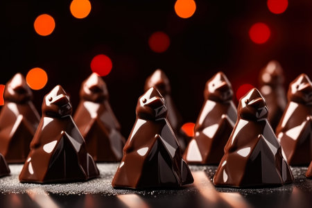 Artistic angles of chocolate Christmas Penguins background with empty space for textの素材