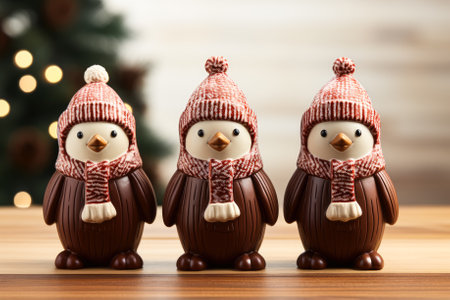 Artistic angles of chocolate Christmas Penguins with scarf and hat details isolated on a white backgroundの素材