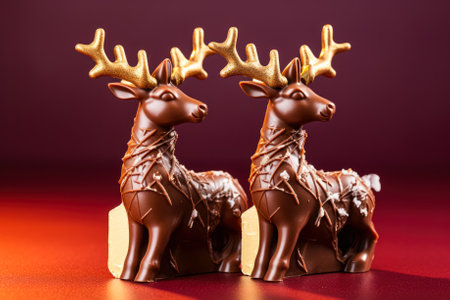Chocolate reindeers detailed close-up with festive decor isolated on a gradient backgroundの素材