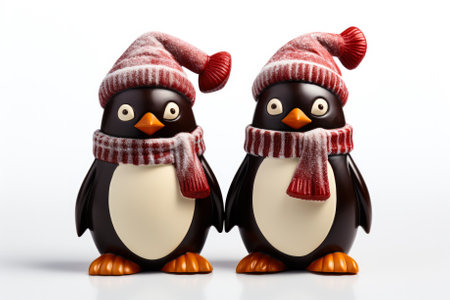 Artistic angles of chocolate Christmas Penguins with scarf and hat details isolated on a white backgroundの素材