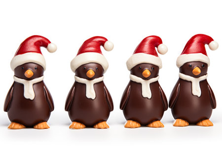 Artistic angles of chocolate Christmas Penguins with scarf and hat details isolated on a white backgroundの素材