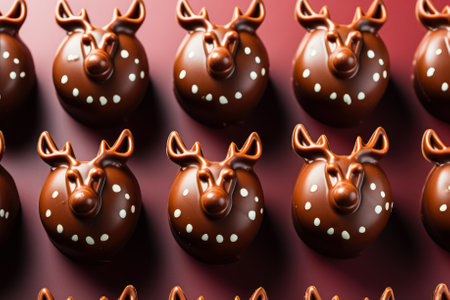 Chocolate reindeers detailed close-up with festive decor isolated on a gradient backgroundの素材