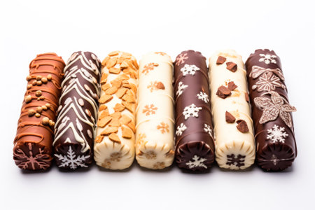 Cripsy chocolate Christmas crackers filled with sweet surprises isolated on a white backgroundの素材