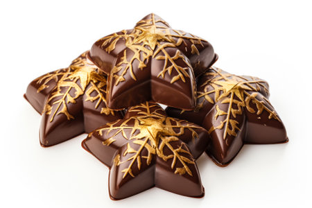 Chocolate Bethlehem star with golden edible decorations for Christmas isolated on a white backgroundの素材