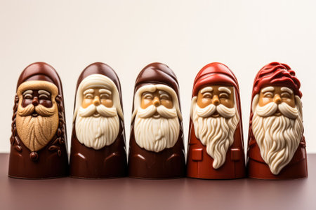Hand-painted faces on gourmet chocolate Santas isolated on a gradient backgroundの素材