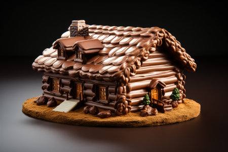 Progressive creation of a chocolate log cabin isolated on a gradient backgroundの素材