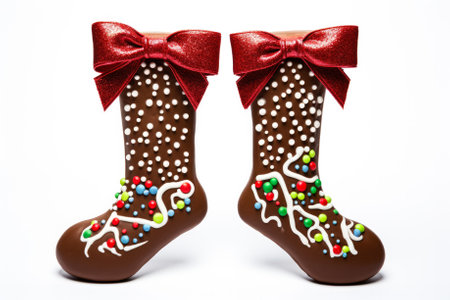 Unique chocolate Christmas stockings adorned with holiday sprinkles isolated on a white backgroundの素材