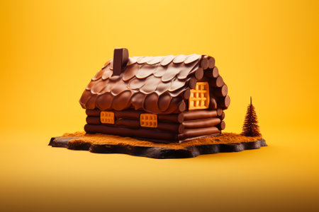 Progressive creation of a chocolate log cabin isolated on a gradient backgroundの素材