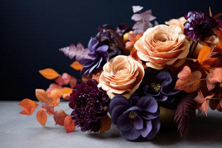 Bespoke Modern Thanksgiving Floral Centerpieces showcased in trendy tones of deep eggplant purple dusky blueberry blue bright sunset orange and antique parchment creamの素材