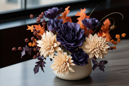 Bespoke Modern Thanksgiving Floral Centerpieces showcased in trendy tones of deep eggplant purple dusky blueberry blue bright sunset orange and antique parchment creamの素材