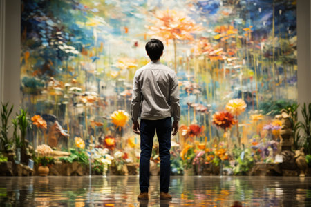 Visitor in art gallery silently battling depression amid masterpiecesの素材