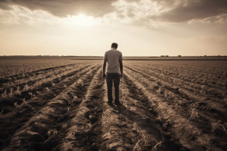 Depressed farmer standing alone in vast unproductive agricultural fields under grayscale skyの素材