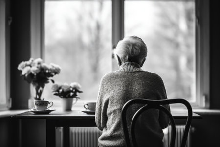 Elderly person in domestic solitude displaying profound loneliness and sorrowの素材