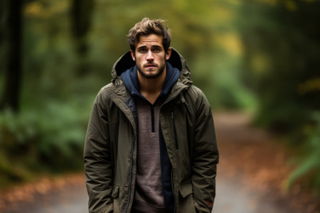Distraught young adult in serene woodland background with empty space for textの素材