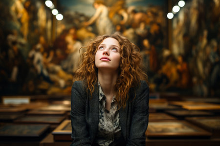 Visitor in art gallery silently battling depression amid masterpiecesの素材