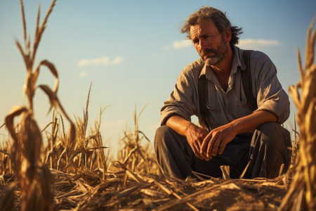Downcast farmer in vast barren field isolated on a gradient backgroundの素材