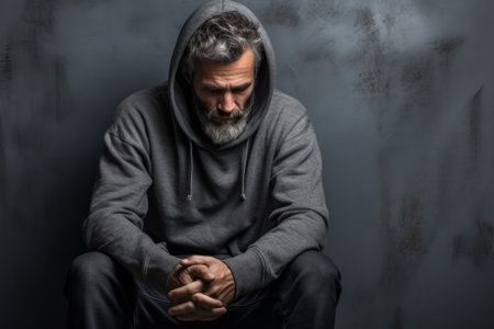 Distressed adult male sitting alone in city isolated on a gray gradient backgroundの素材