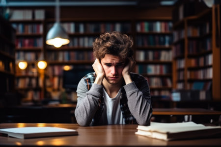 University student alone in library showing signs of stress background with empty space for textの素材