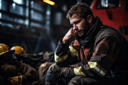 Exhausted firefighter in empty fire station background with space for textの素材