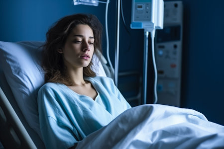 Patient showing signs of despair in a hospital room isolated on a gradient backgroundの素材