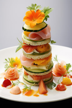 Exquisite fingerfood arranged artistically by chef isolated on a white backgroundの素材