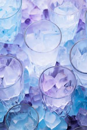 Crystalline patterns frozen in wine glasses using natural ingredients captured in a palette of frosty white iceberg blue and lavender purpleの素材