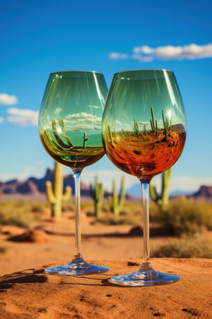 Wine glasses as surreal landscapes with reflections and distortions captured in a palette of cactus green desert sand and azure sky blueの素材